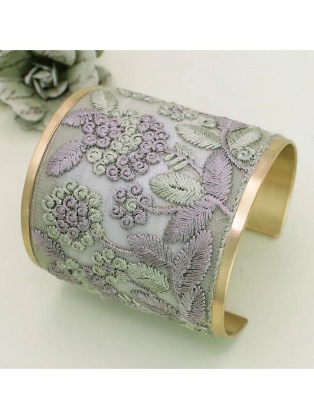 Vintage Inspired Cottage Core Cool Grey and Soft Mint Floral Embroidered Fabric - Picture 4 of 12